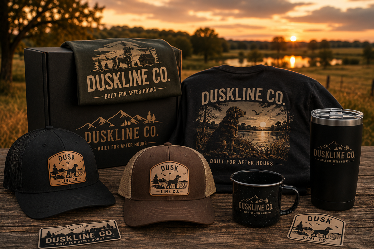 DuskLine Co. hats, shirts, box, mug, tumbler and stickers at sunset